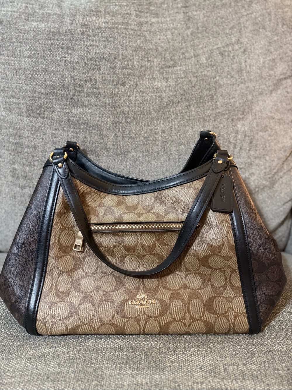 Coach Brown Signature Canvas Shoulder Bag with Black Trim
